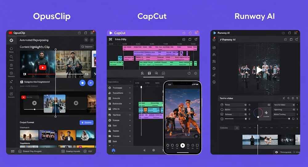 opusclip vs capcut vs runway ai video tools for repurposing and editing content